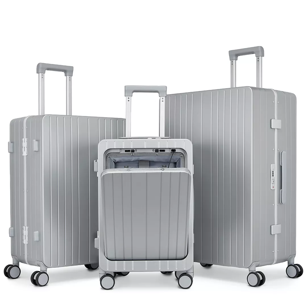 2040 PC Aluminum Frame Front Opening Suitcase, with USB Port & Cupholder